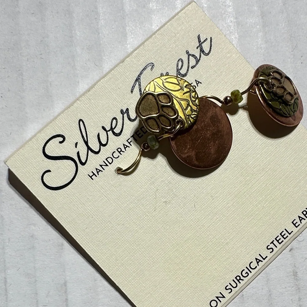 NWT Silver Forest Gold and Bronze colored Paw print Earrings tiger paw layered